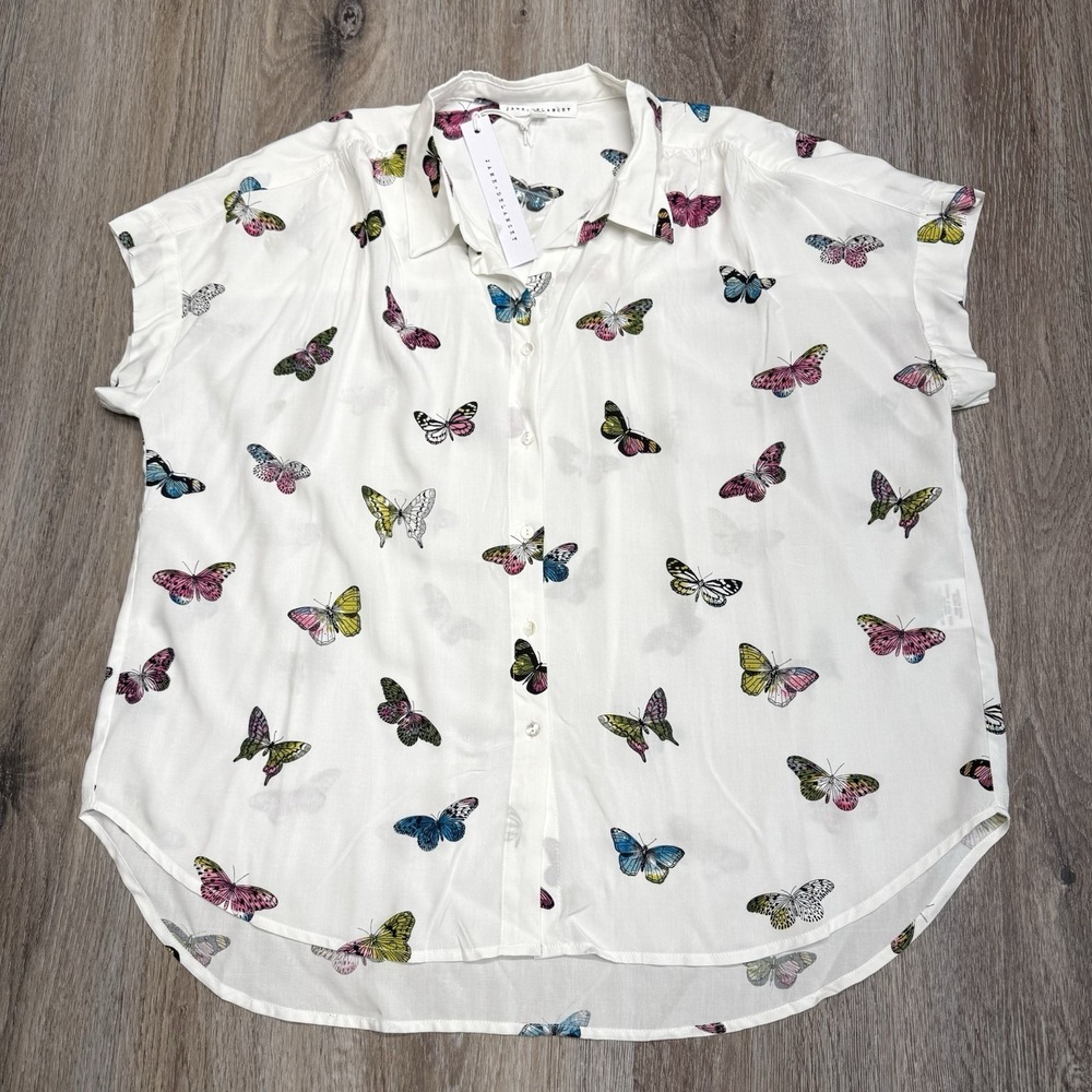 Jane & Delancey Butterfly Shirt Womens L White Colorful Butterflies Blouse NEW